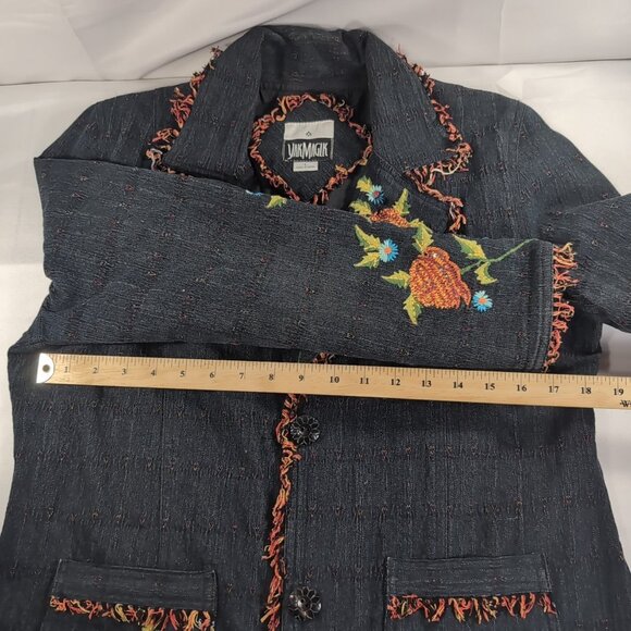 Yak Magik Denim Jacket Collar Embroidered Floral Fringe Sequin Blazer Blue Red L - Picture 8 of 16